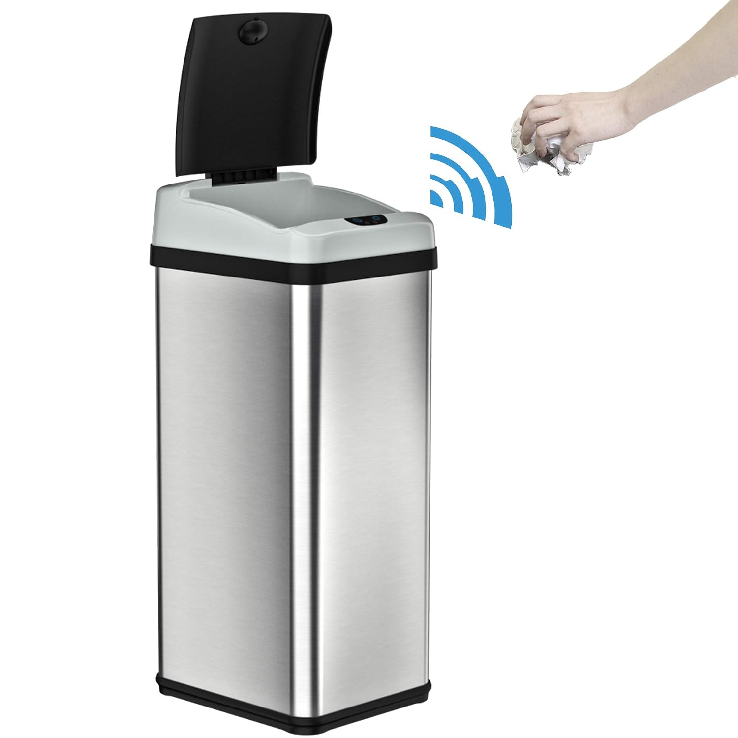 iTouchless Touchless Trash Can with AC Adapter, 3 Odor Filters Big Lid Opening Sensor Kitchen Garbage Bin, 13 Gallon, Stainless Steel, Platinum