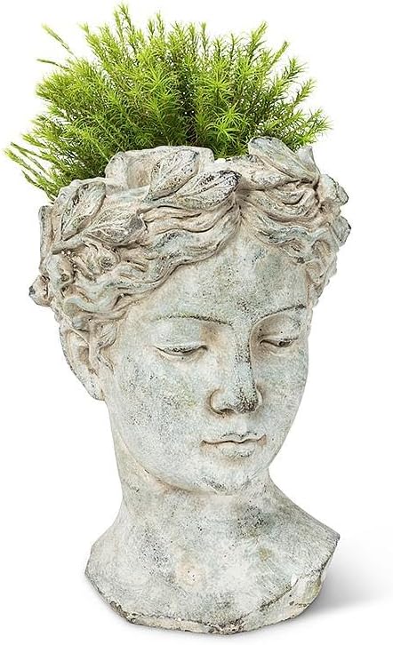 Abbott Collection Large Woman Head Planter | Hand-Finished Greco-Roman Style, Indoor & Outdoor, For Flowers & Succulents, Cement, Gray, 10"H