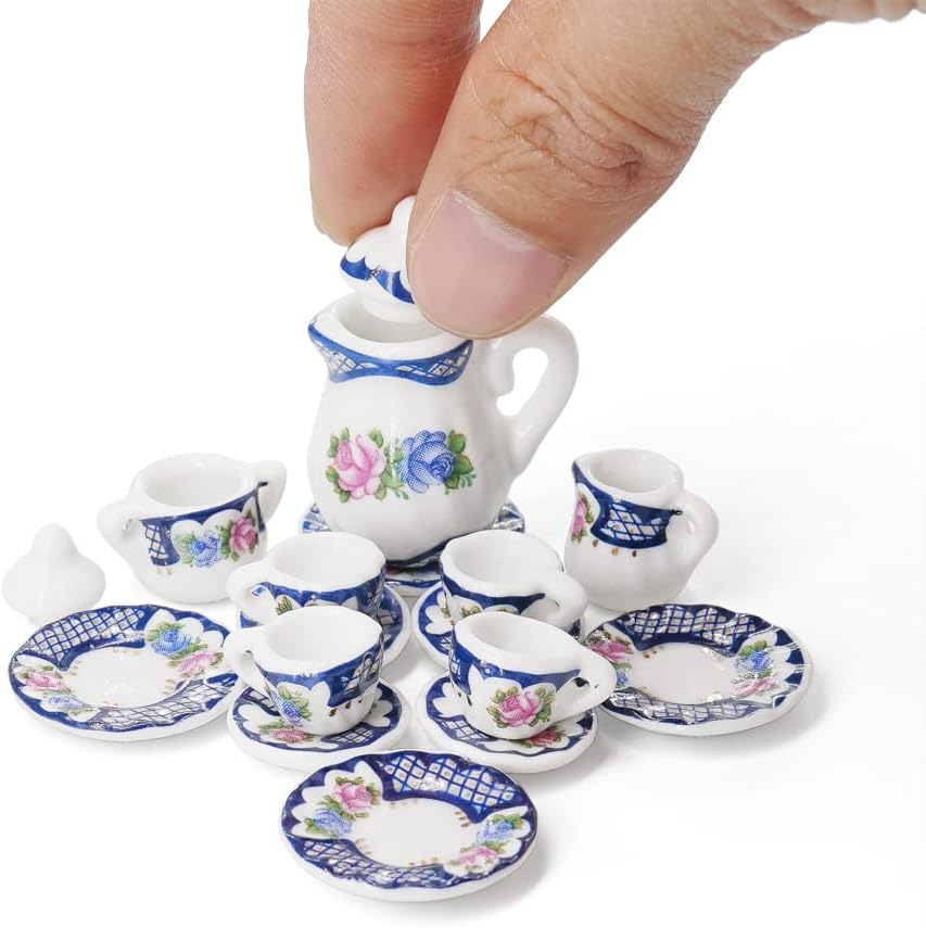 Odoria 1/12 Miniature Porcelain Tea Set 15Pcs Dollhouse Decoration Accessories, Grapes