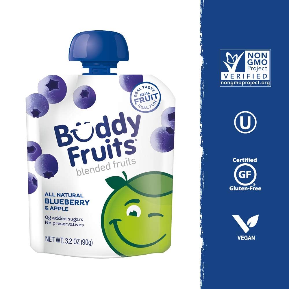 Buddy Fruits Snacks To Go Multifruit Unsweetened Applesauce 3.2oz Pouch (18pk) Gluten-Nut-Dairy-Preservatives-BPA Free, Non GMO, Kosher