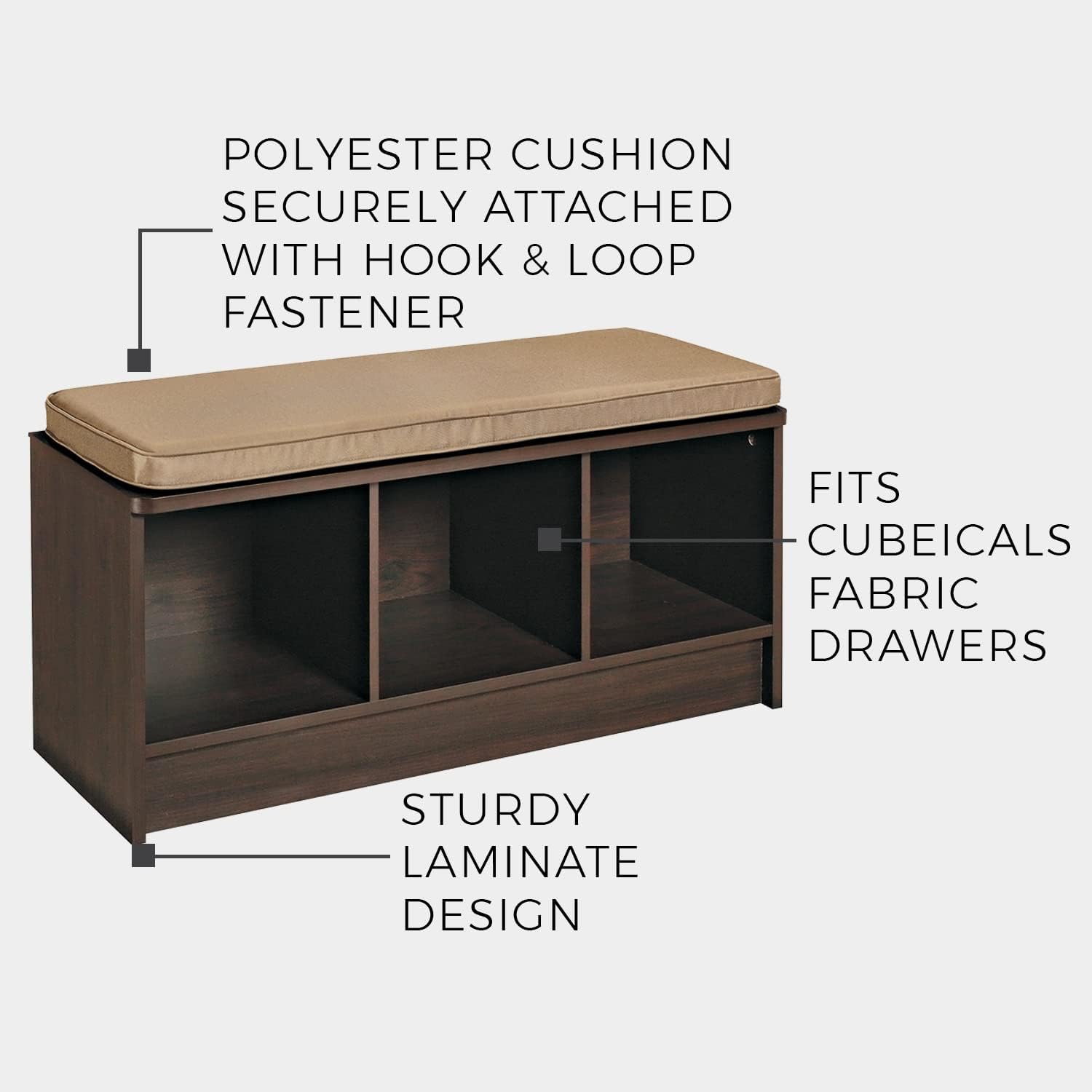 ClosetMaid 3258 Cubeicals 3-Cube Storage Bench, Natural Gray with Gray Cushion
