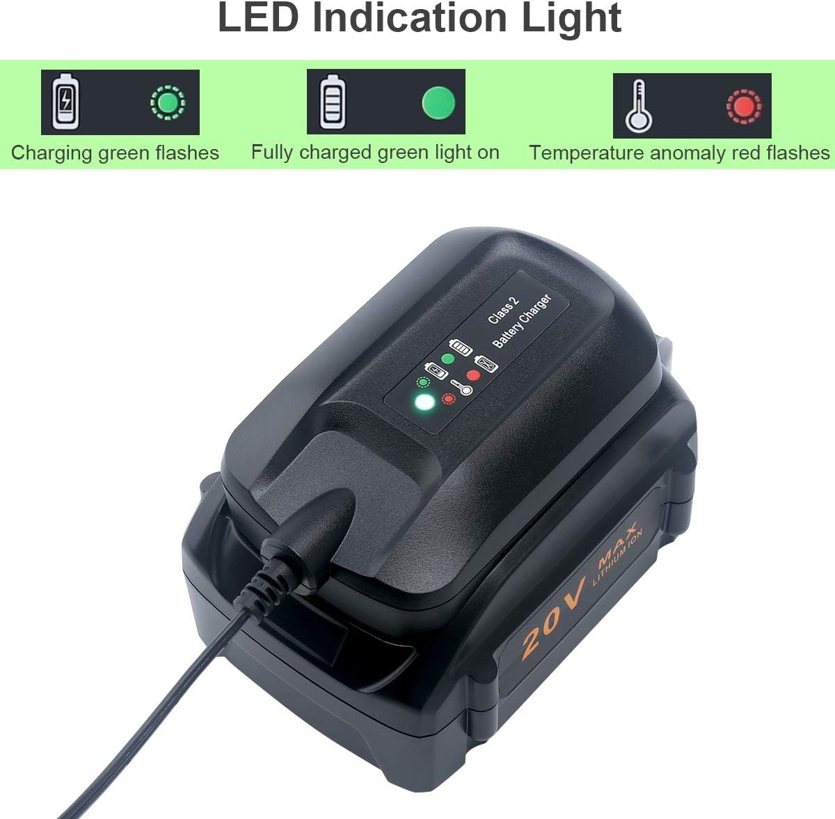 Lasica Replacement for Worx Battery Charger 20V WA3742 Compatible with Worx 20V Lithium Battery WA3520 WA3525 WA3578 WA3575 WA3522 WA3732 WA3770