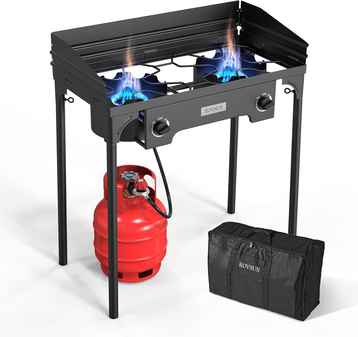 ROVSUN 2 Burner Outdoor Propane Gas Stove with Adjustable Regulator, 150,000 BTU High Pressure Stand Cooker for Backyard Cooking Camping Home Brewing Canning Turkey Frying
