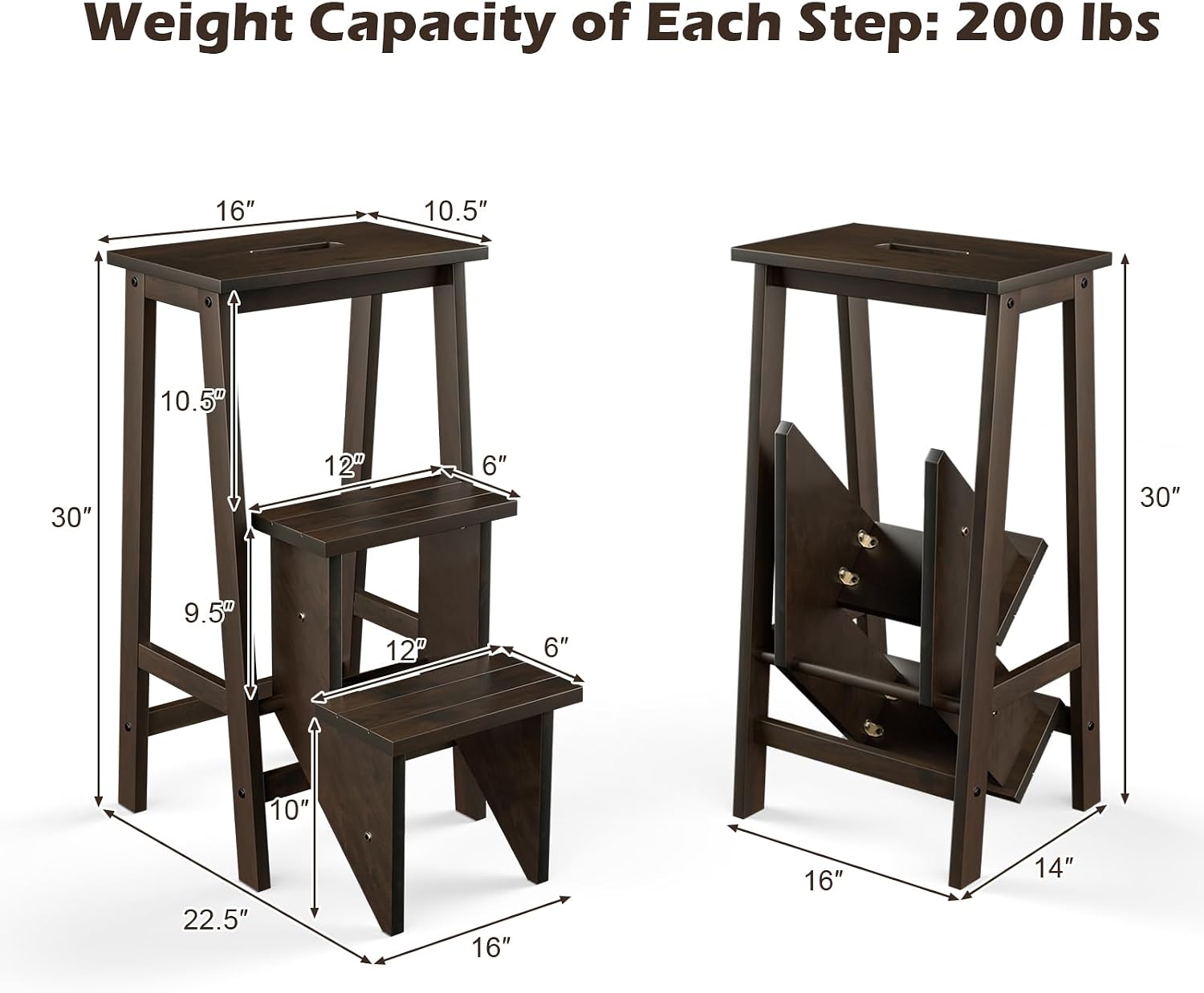 Costzon Folding 3 Step Stool, 3 in 1 Wooden Step Ladder with Handle, Non-Slip Pedal, Multifunctional Storage Shelf, Flower Rack for Kitchen, Library, Garage, Foldable Step Stool for Adults Kids