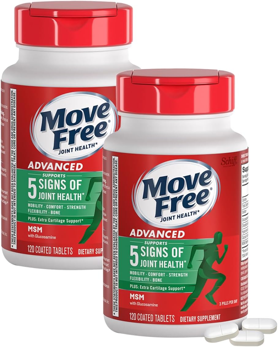 Move Free Advanced Joint Support, Glucosamine, Chondroitin + MSM - 120 ct | Supports Mobility Comfort Strength Flexibility & Bone, 40 Servings, Bone & Joint Support Supplement tablets, Fruitx-B