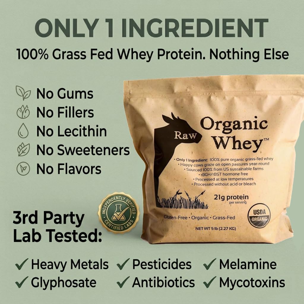 Raw Organic Whey Protein Powder, Grass Fed, Unflavored – 1 Ingredient, No Additives or Fillers, Undenatured, Made in USA, 5 lb