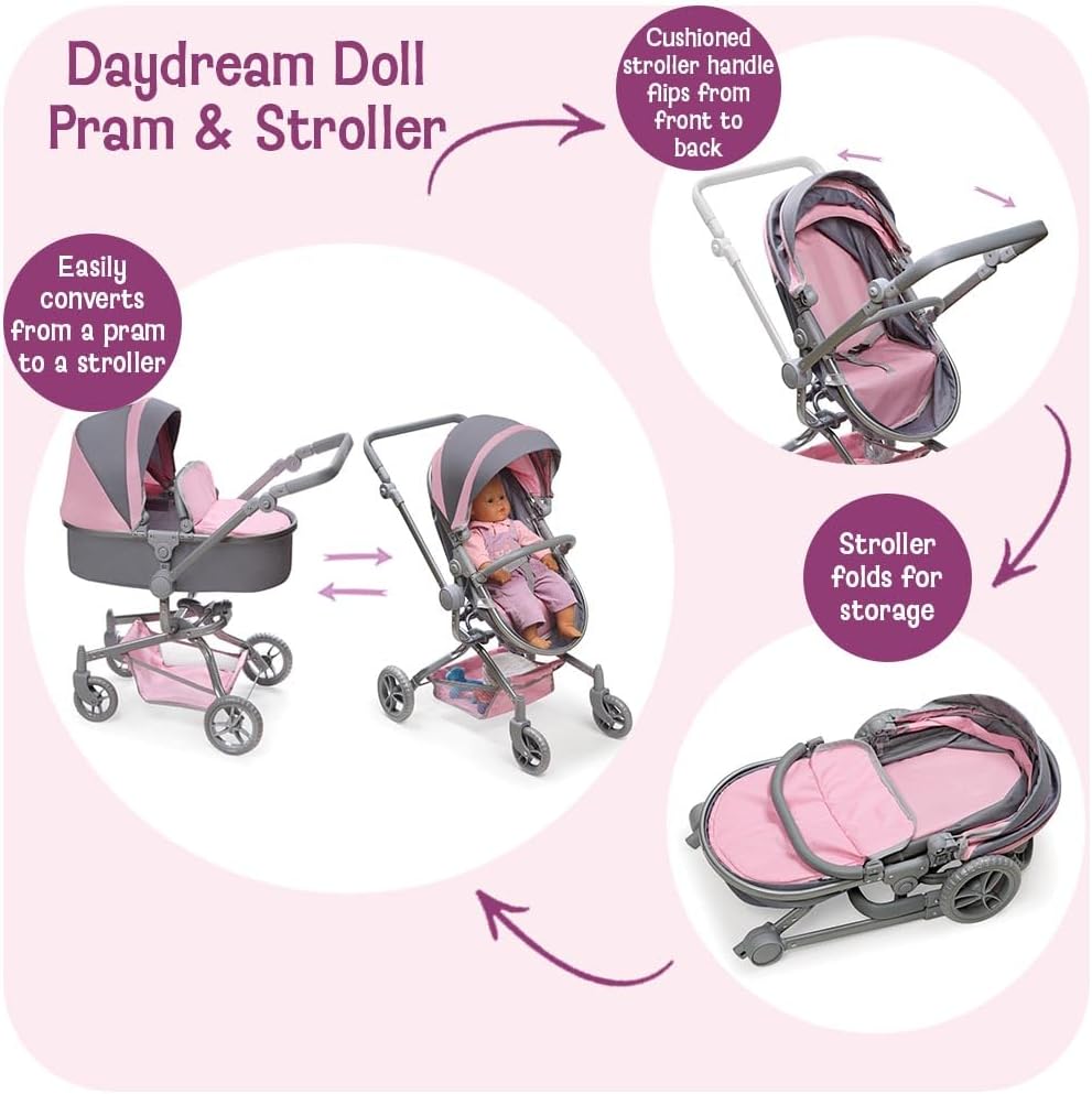 Badger Basket Foldable Doll Stroller & Pram with Canopy - Gray/Pink