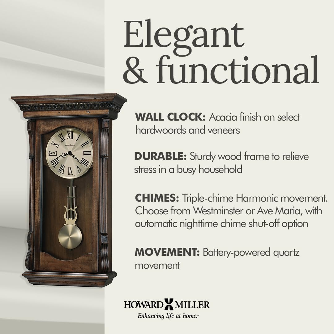 Howard Miller Agatha Wall Clock – Wooden Pendulum Clock with Triple-Chime Quartz Movement, Battery Operated, Acanthus Molding Detail