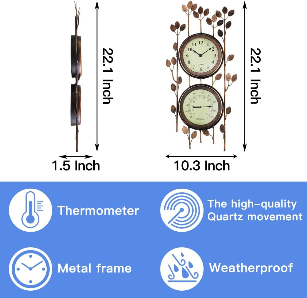 BESTIME 66059 Two-in-one Leaf Design Metal Clock.Wall Art Clock, Thermometer, Interior and Outdoor Decoration, Whether Industrial, Country, Rustic