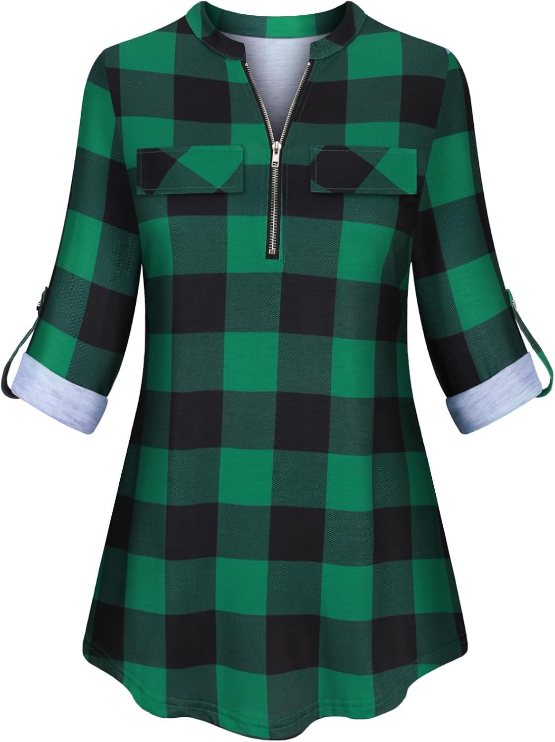 Tanst Sky Womens Casual Long Sleeve Zipped V Neck Plaid Tunic Blouses