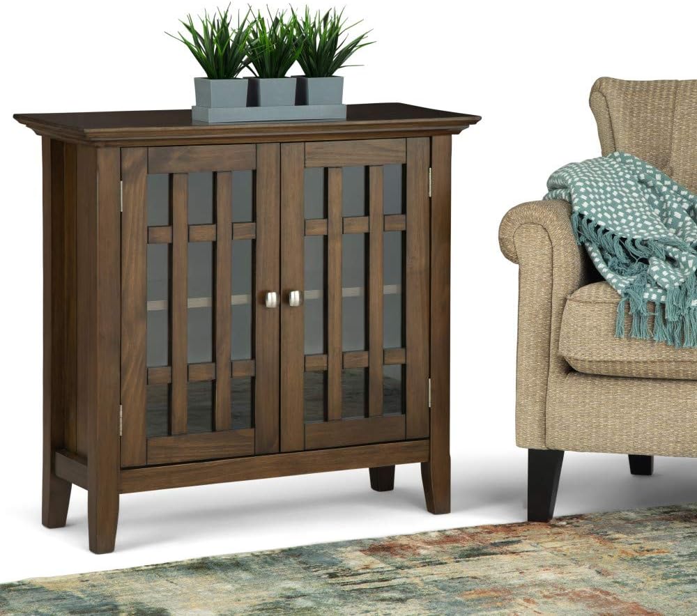 SIMPLIHOME Bedford 62" Wide Solid Wood Sideboard in Brunette Brown | Transitional low media console with glass doors and storage shelves for the living room, entryway or dining room.