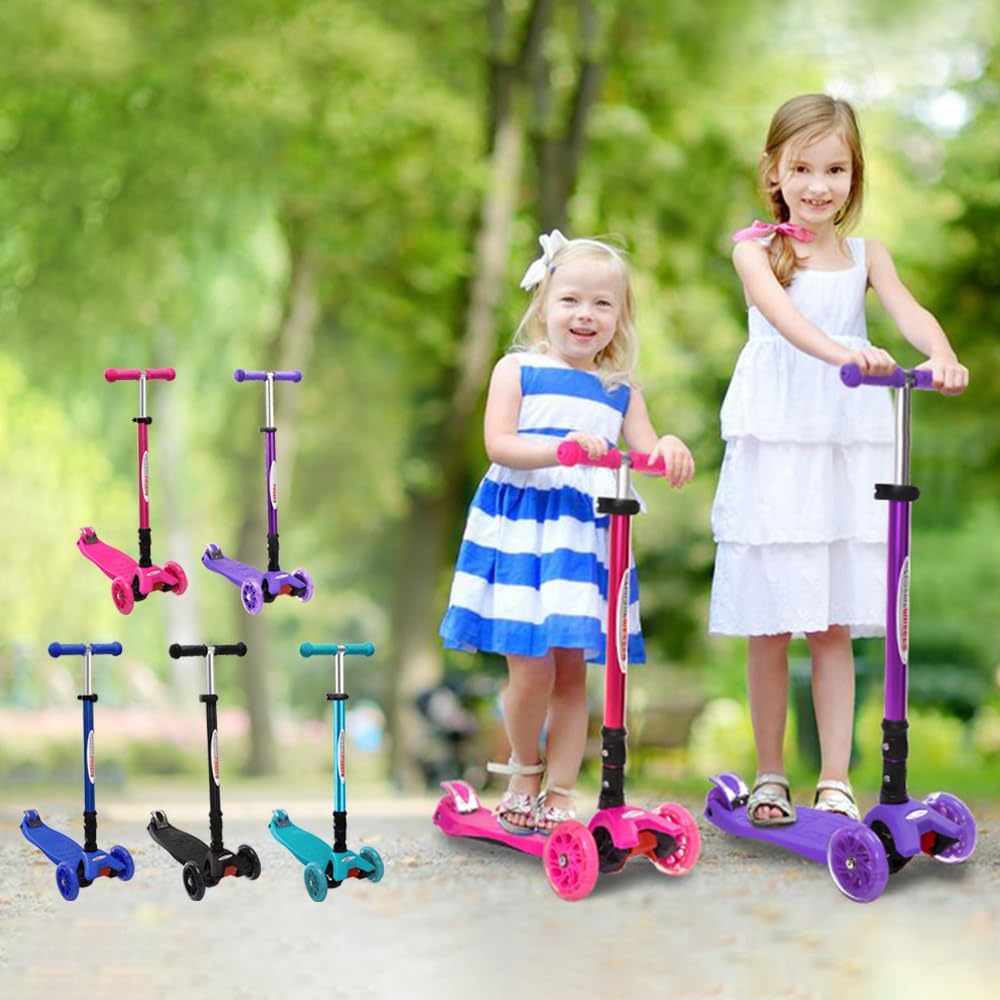 ChromeWheels Foldable Scooters for Kids, Deluxe Kick Scooter 4 Adjustable Height 132lbs Weight Limit 3 Wheel, Lean to Steer LED Light Up Wheels