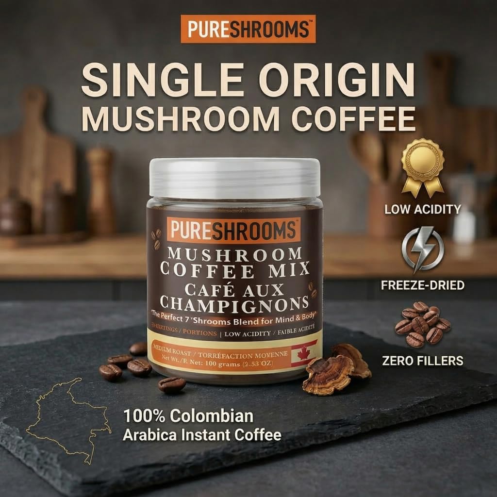 PureShrooms Mind & Body Mushroom Coffee - Instant Colombian Arabica with Organic Lion’s Mane, Reishi & Cordyceps - Low Acidity Nootropic Superfood Beverage for Focus & Vitality, 35 Servings/70g