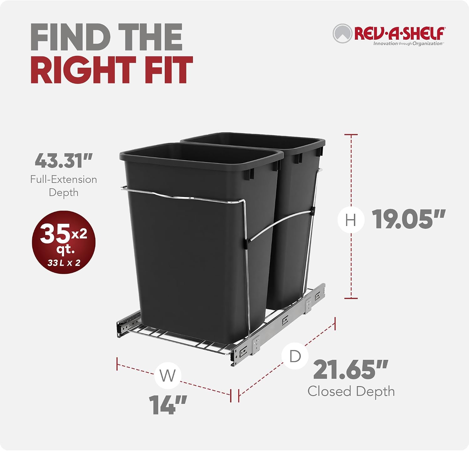 Rev-A-Shelf Double Pullout Garbage Trash Cans for Kitchen Cabinets, 35 Qt