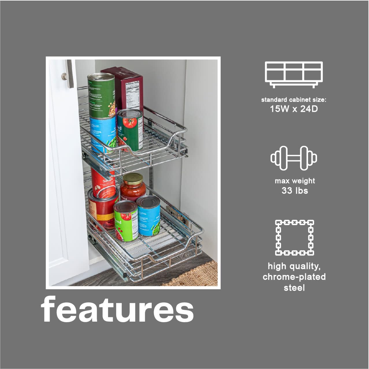 Household Essentials Glidez 2‑Tier Multipurpose Chrome‑Plated Steel Pull‑Out/Slide‑Out Under Cabinet Organizer, Chrome Finish