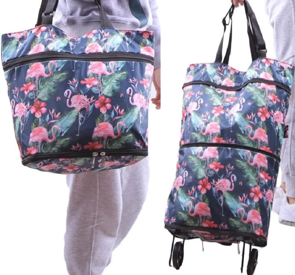 Collapsible Shopping Bag with Wheels Portable Shopping Cart with 360° Swivel Wheels Rolling Tote Bag Reusable Grocery Bag Trolley Bag on Wheels for Travel Shopping and Daily Use(Blue)