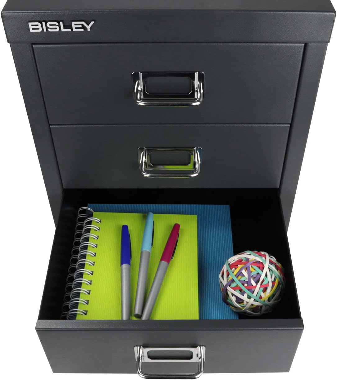 5-Drawer Steel MultiDrawer Cabinet - Orange, by Bisley | Chrome Pull Handles with Label Holders, Powder-Coated Steel, Removable Drawers, Desktop Storage, Labels Included