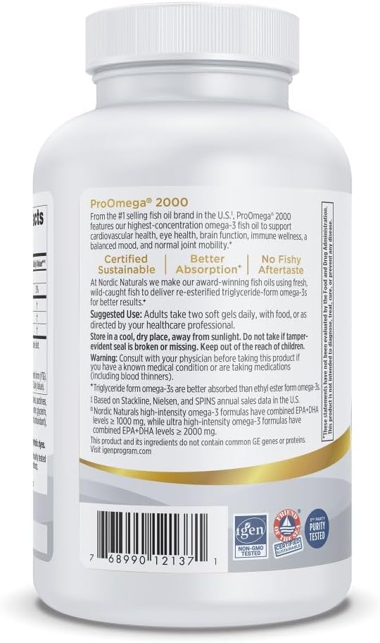 Nordic Naturals ProOmega-3, 2150 mg, EPA & DHA Fish Oil, Lemon - 120 Count | Ultra high-potency EPA & DHA fish oil supports brain, heart, eye & immune health. 2150 mg omega-3. Non-GMO. 60 servings