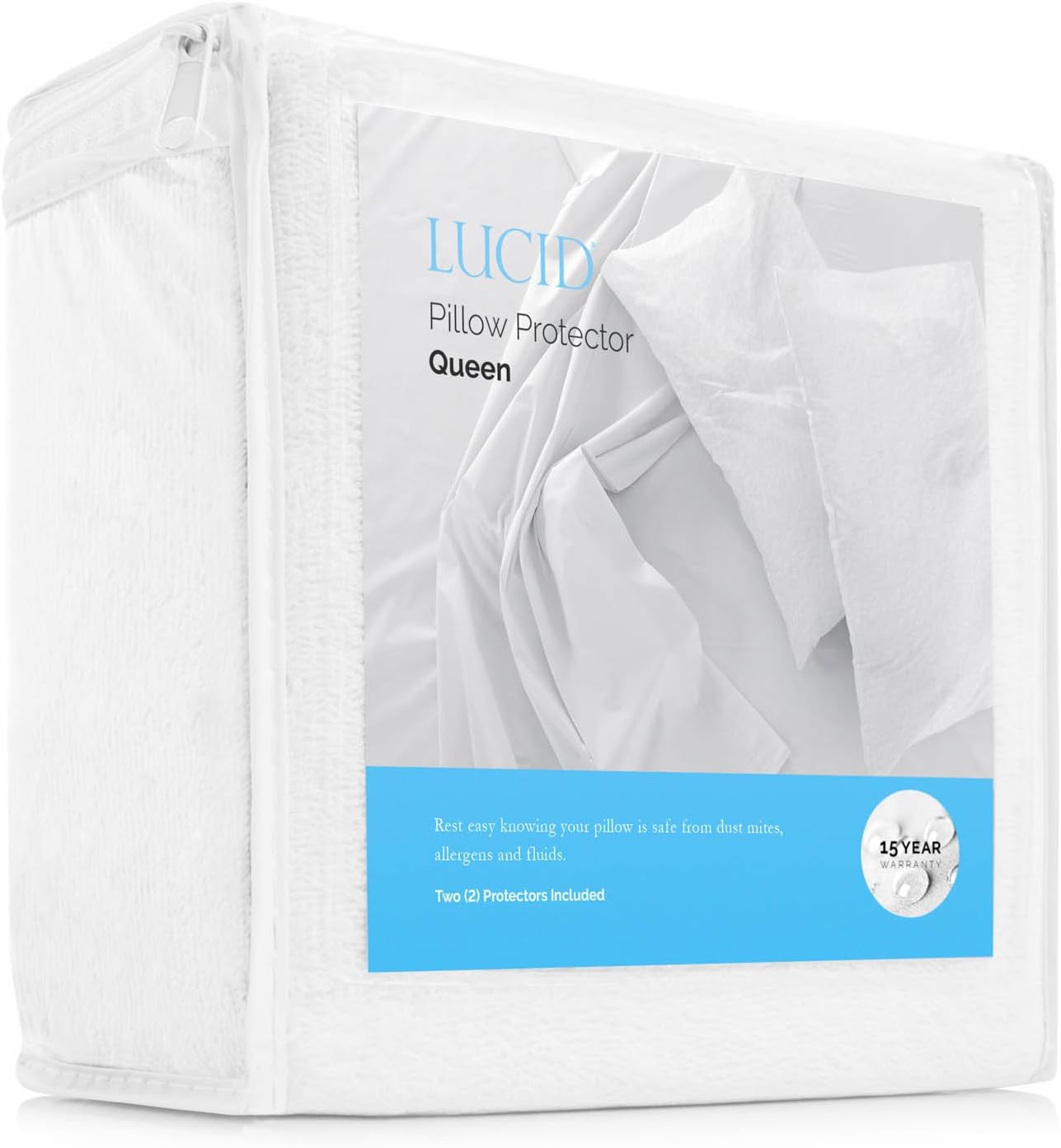 LUCID Premium Waterproof Mattress Protector, Queen Size – Fitted Sheet Style, Machine Washable – Cotton Terry Top Cover – Dorm Room Essential – White