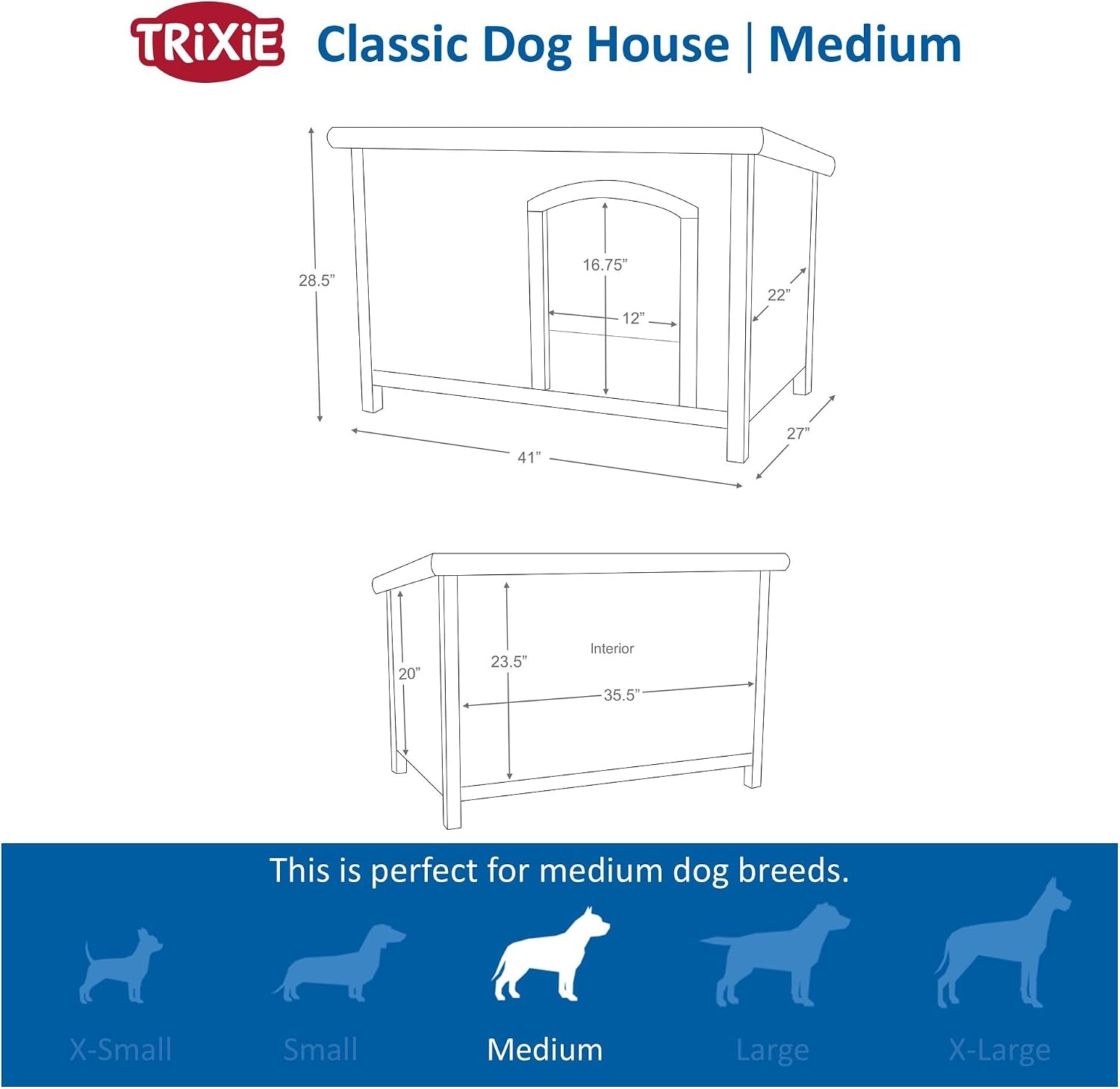 Trixie Natura Classic Dog House - Wooden Outdoor Shelter with Weatherproof Sealer, Hinged Roof & Adjustable Legs for Medium Dogs - Gray - 27 x 41 x 28.5 in