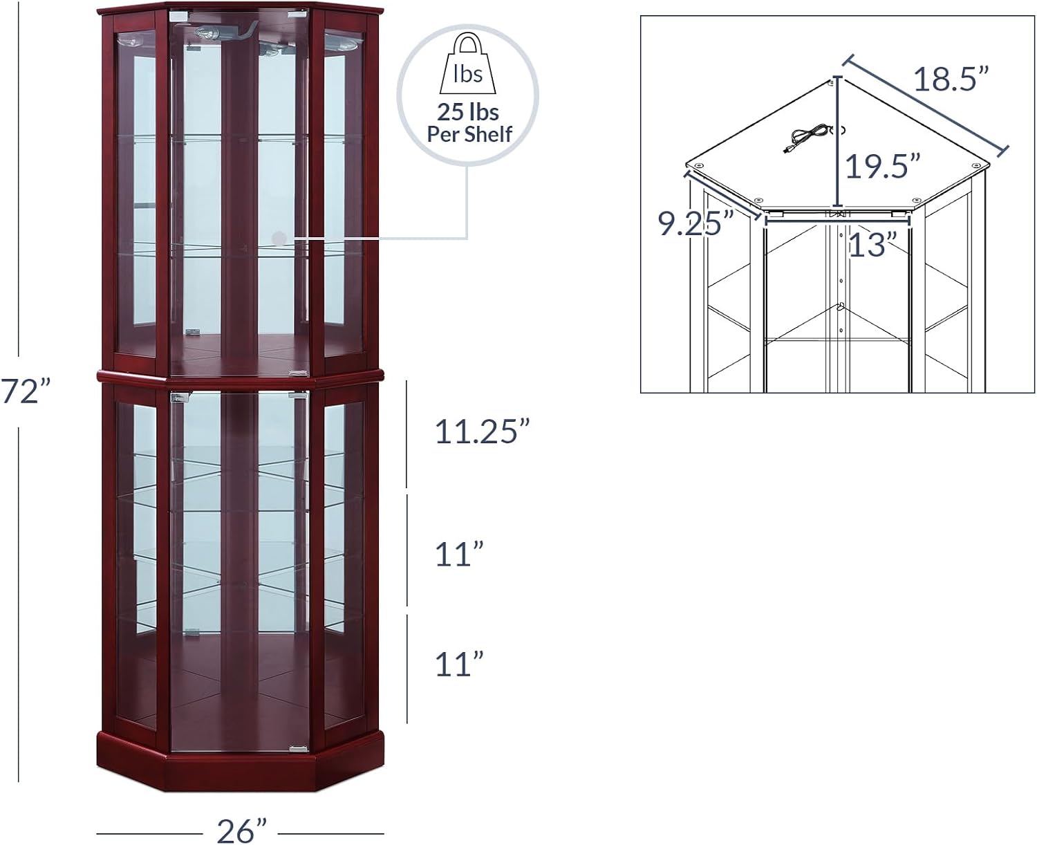 BELLEZE Lighted Corner Display Curio Cabinet Wooden Curved Shelving Unit with Tempered Glass Door