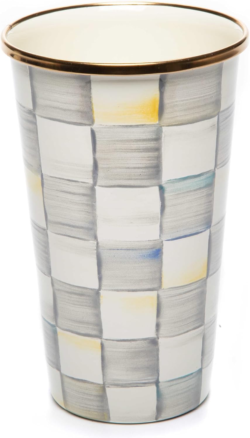 MACKENZIE-CHILDS Enamel Tumbler, Black-and-White Courtly Check | Hand-painted design, elegant drinkware with gold rim, 2.75" dia. x 4.5" H, 10-ounce capacity