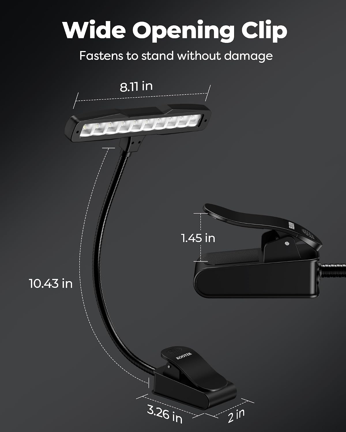 Kootek Music Stand Light Clip-on Piano Lamp Rechargeable Book Light, 10 LED | Adjustable Brightness, 360° Flexible Neck, Clip-on&freestanding