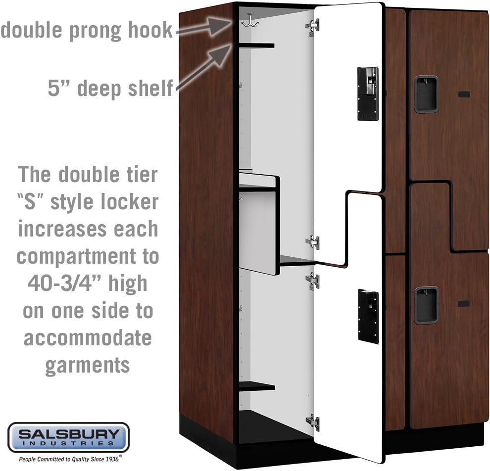 Salsbury Industries 2-Tier S-Style Extra Wide Designer Wood Locker with Three Wide Storage Units, 6-Feet High by 24-Inch Deep, Mahogany