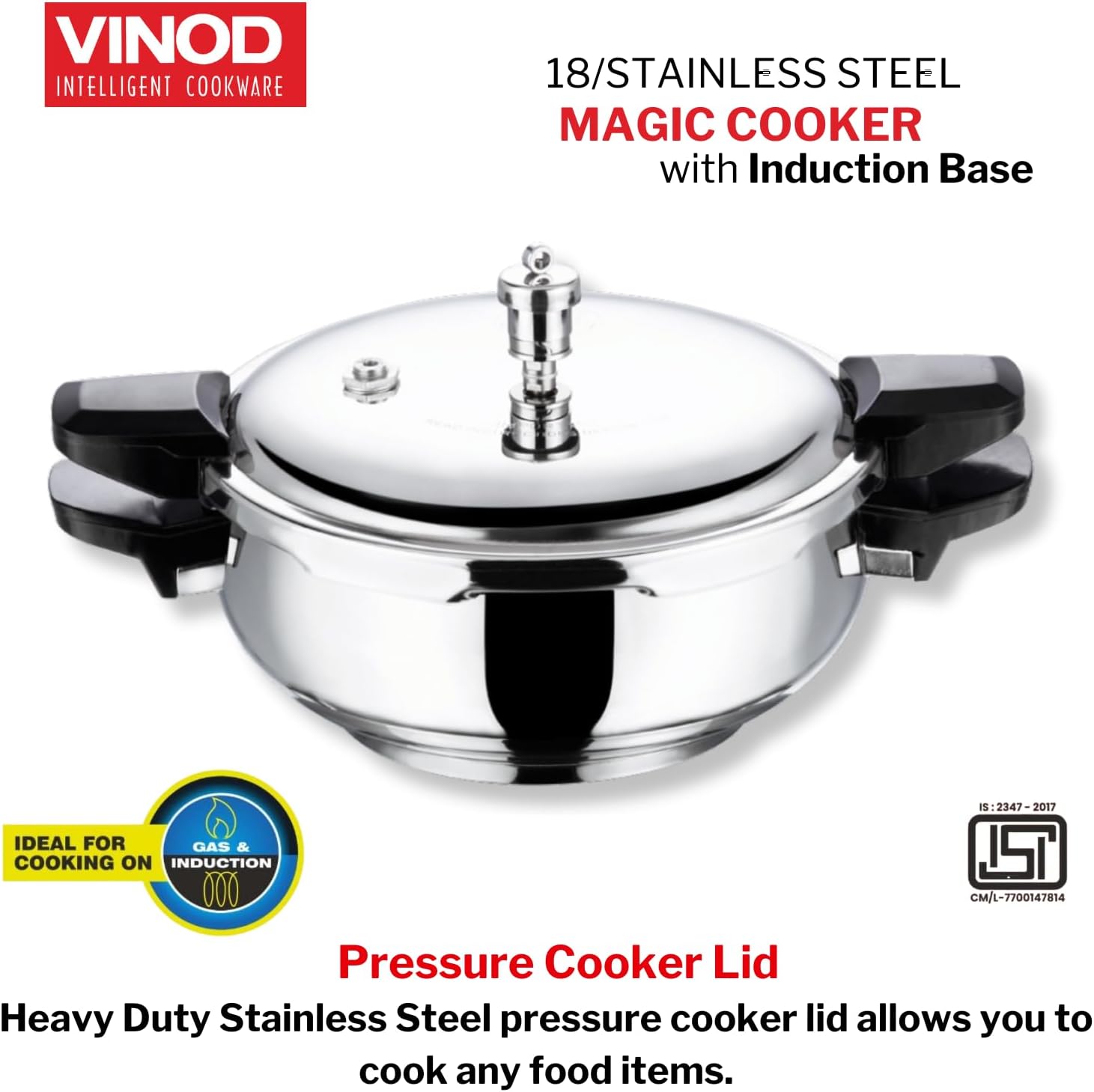 Vinod Magic Stainless Steel Smart 3 in 1 Pressure Cooker 5.5 Litre | 5mm Thick Base | All in One Cooker with Strainer & Glass Lid | Induction and