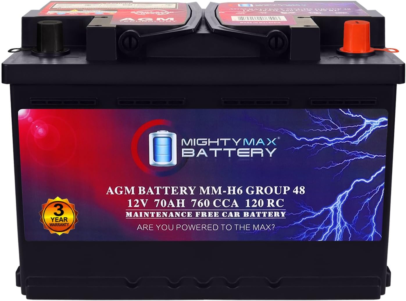 Mighty Max Battery MM-H8 Start and Stop Car BCI Group 49 12V 95Ah, 160RC, 900 CCA Rechargeable AGM Car Battery