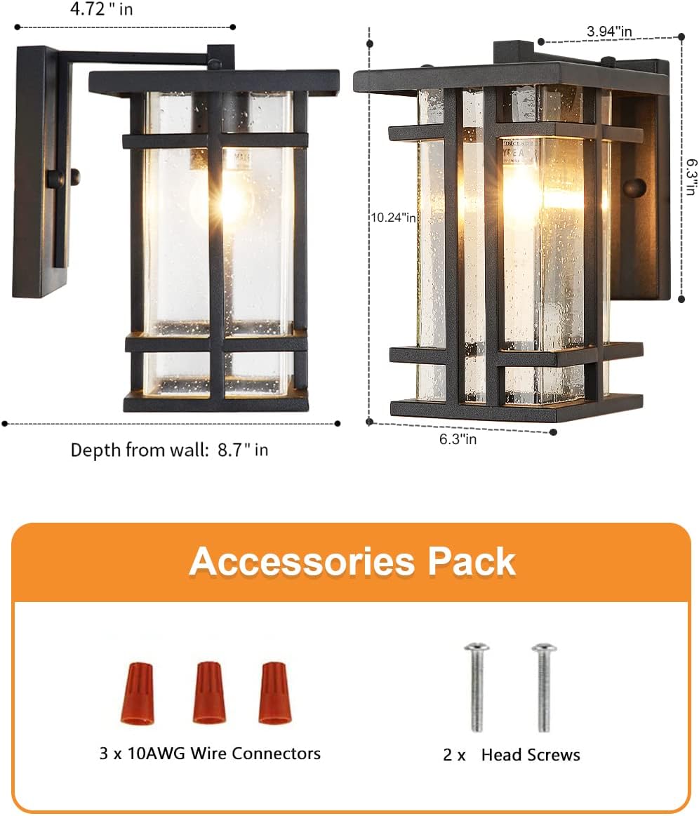 Rustic Dusk to Dawn Outdoor Wall Light Fixture 13.8"H Waterproof Exterior Wall Sconces Black Metal with Seeded Glass Sensor Outdoor Wall Lantern for