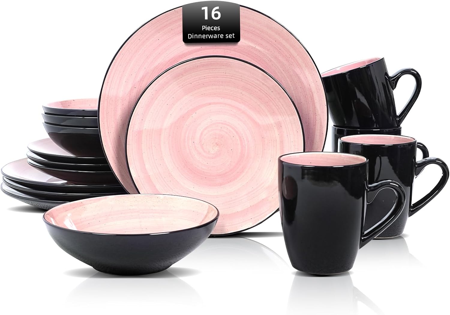 HomeVss, Sonoma Stoneware Dinnerware Set, Outside Black + Inside Hand Painting Color (16pc Set, Grey)