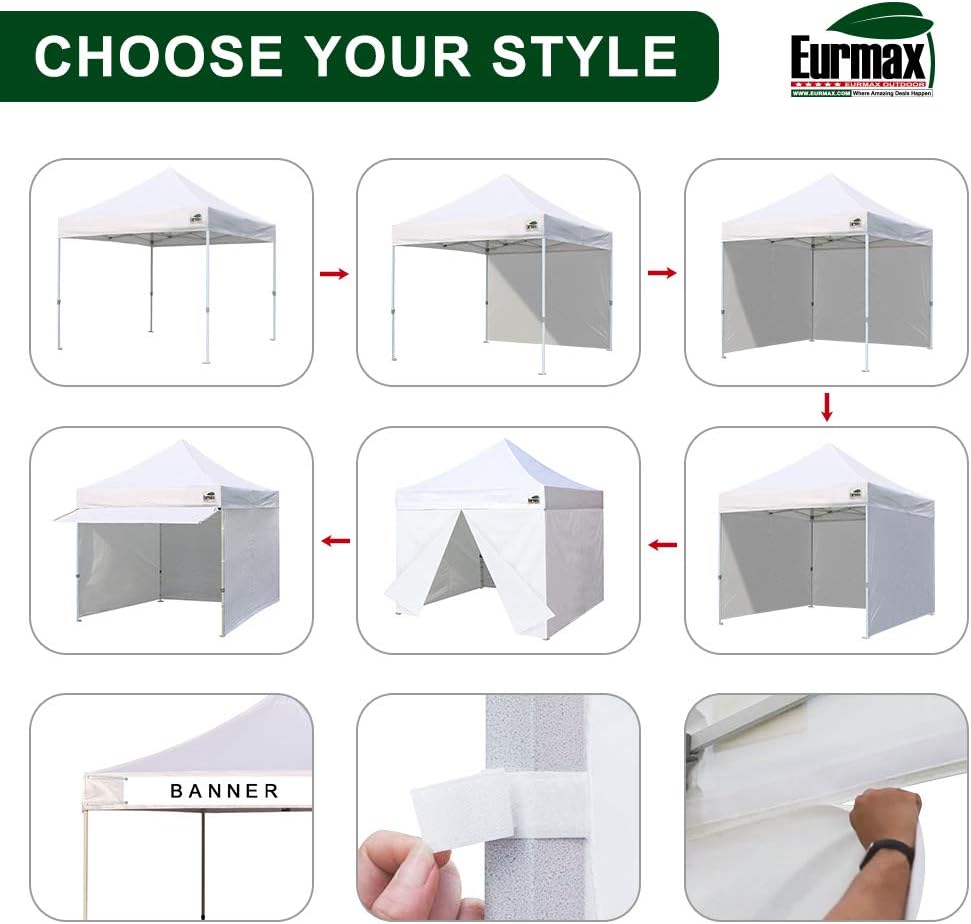 Eurmax USA 10x10 Pop Up Canopy,Commercial Tent with Patented No-Tip Rolling Bag,30sqft Extension Awning & 4 Zippered Removable Walls,UV & Water Resistant,Heavy Duty Instant Shelter Gazebo,White