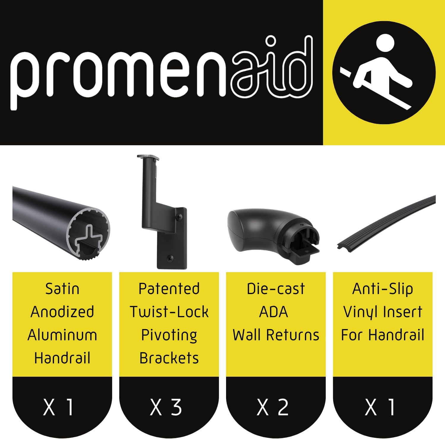 Promenaid Silver 5ft ADA Handrail Kit - Complete Indoor/Outdoor Stair Handrail - 1.6" Round Satin-Anodized Aluminum Railing with 3 Silver Painted