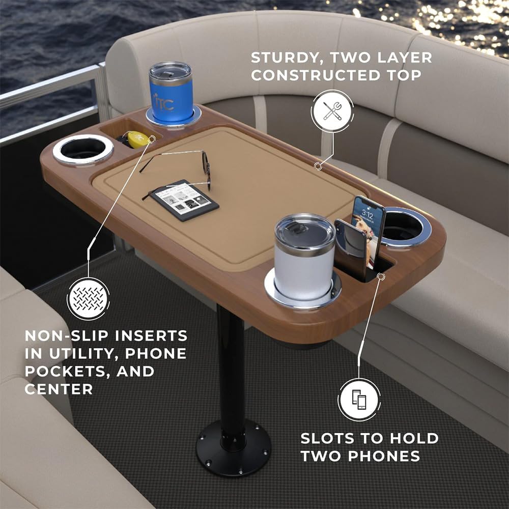 Manufacturers' Select ITC Boat Table Set - 18"x34" Removable Pontoon Boat Table with Center Non-Slip Mat, Pedestal Leg, 4 Drink Holders