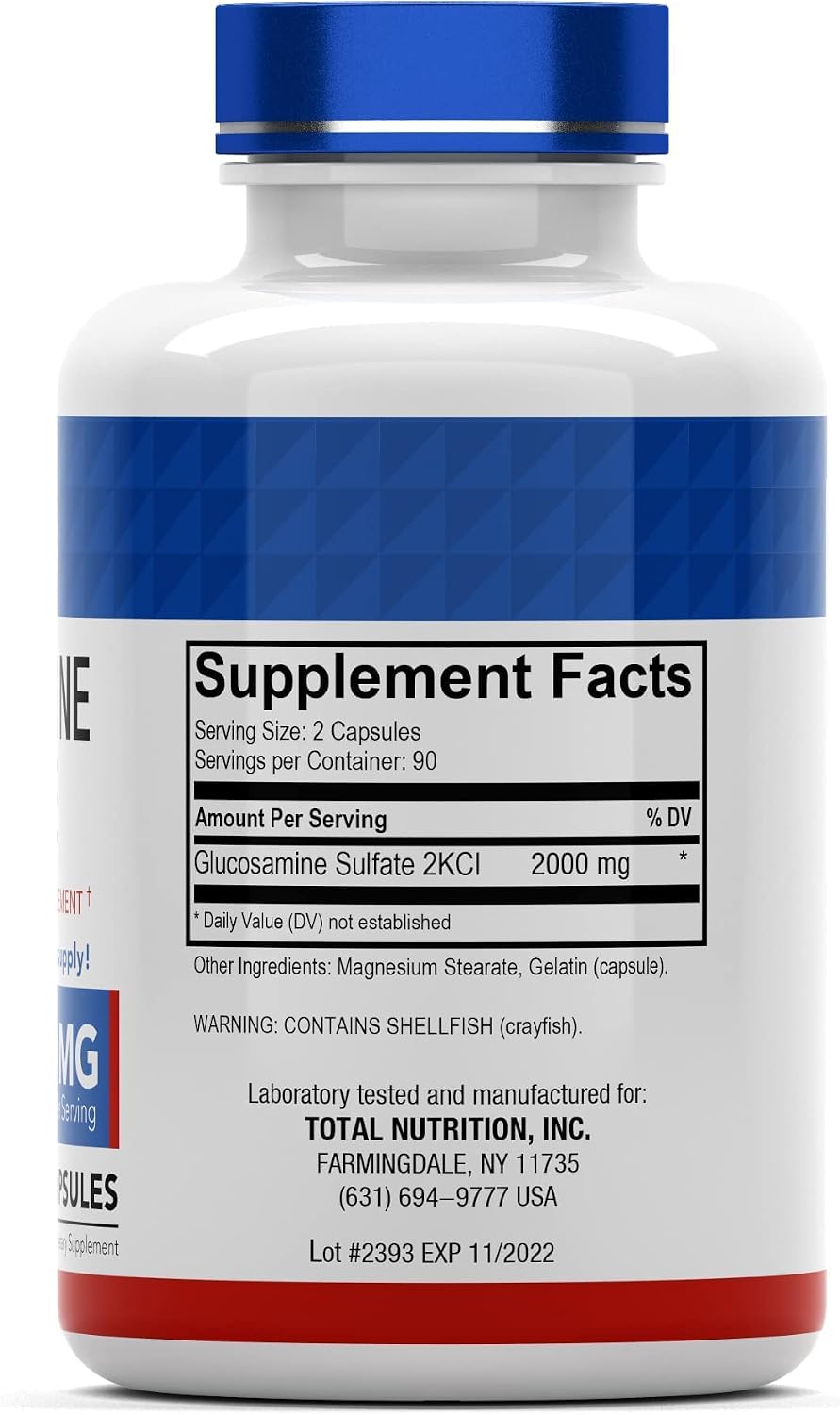 tnvitamins Glucosamine Sulfate Capsules 2000 MG (180 Count) | Joint Support* Supplement for Women & Men | Produced in The USA | Promotes Flexibility