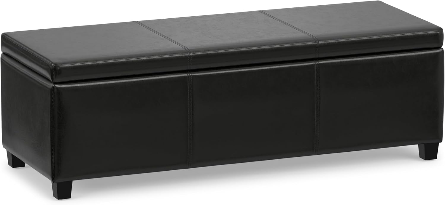 SIMPLIHOME Avalon 48" Wide Vegan Leather Storage Ottoman in Brown
