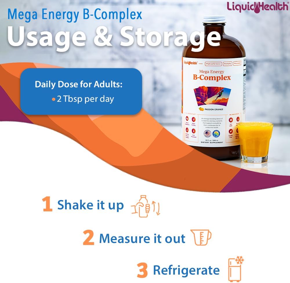 LIQUIDHEALTH Mega Energy Methylated B-Complex, Adult Liquid Vitamin Supplement - Increase Energy, Relieve Stress & Fatigue, Immune Support, Heart & Gut Health - Made in USA, Vegan, Sugar-Free (32 oz)