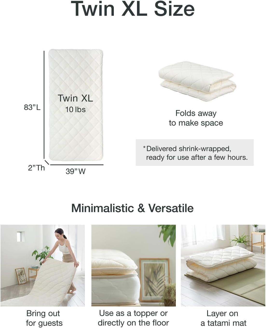 FULI Japanese Futon, Twin XL Size, White - Foldable Shikibuton Floor Bed | Medium Firm Quilted Cotton Sleeping Pad, Portable Roll-Up Japanese Floor Bed for Guests & Small Spaces, 100% cotton surface