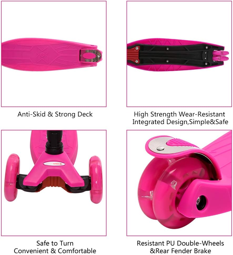ChromeWheels Foldable Scooters for Kids, Deluxe Kick Scooter 4 Adjustable Height 132lbs Weight Limit 3 Wheel, Lean to Steer LED Light Up Wheels