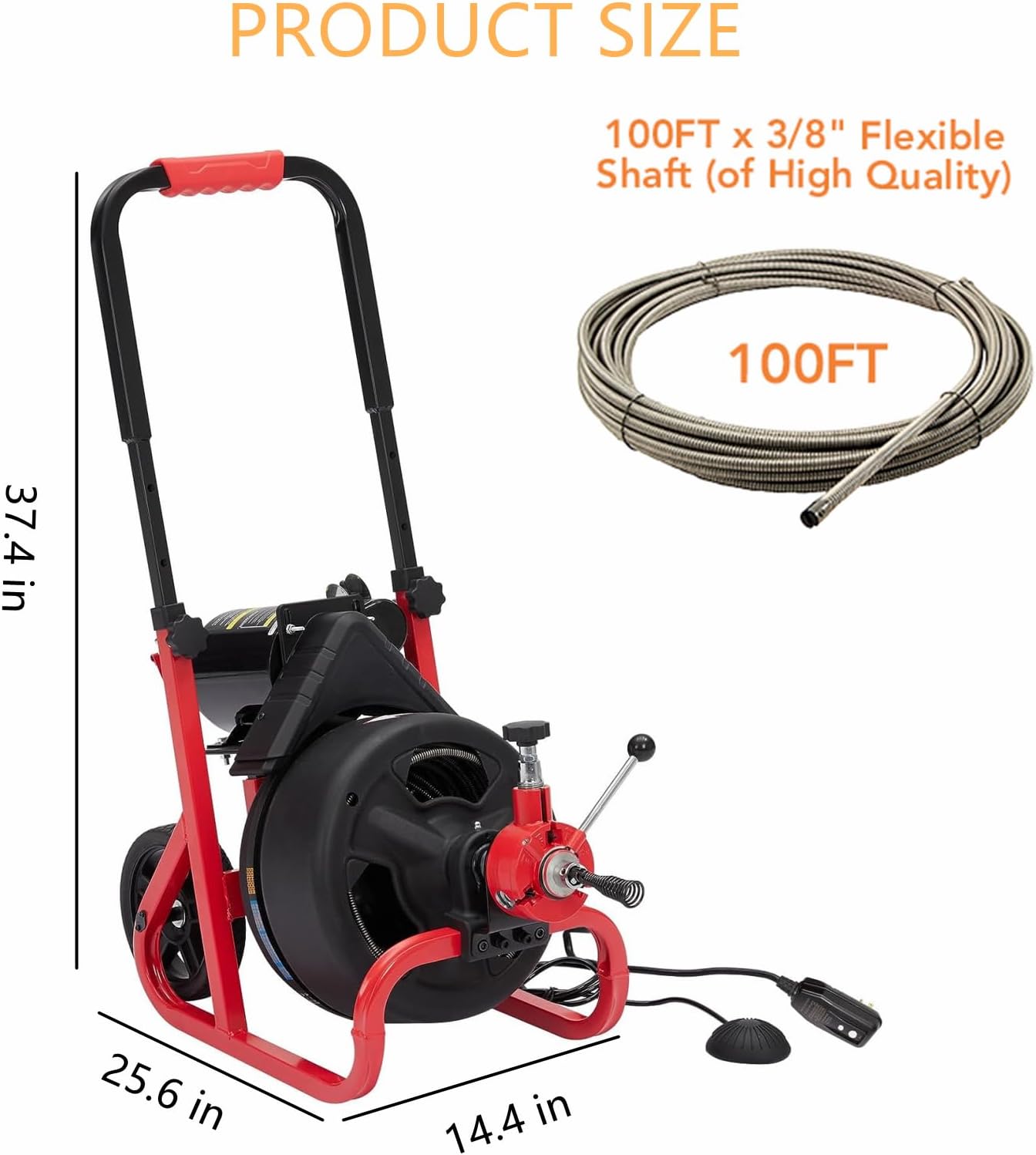 Drain Cleaner Machine - 100Ft x 3/8 Inch, Auto-feed Electric Drain Auger for Plumbing with 6 Cutters, Glove
