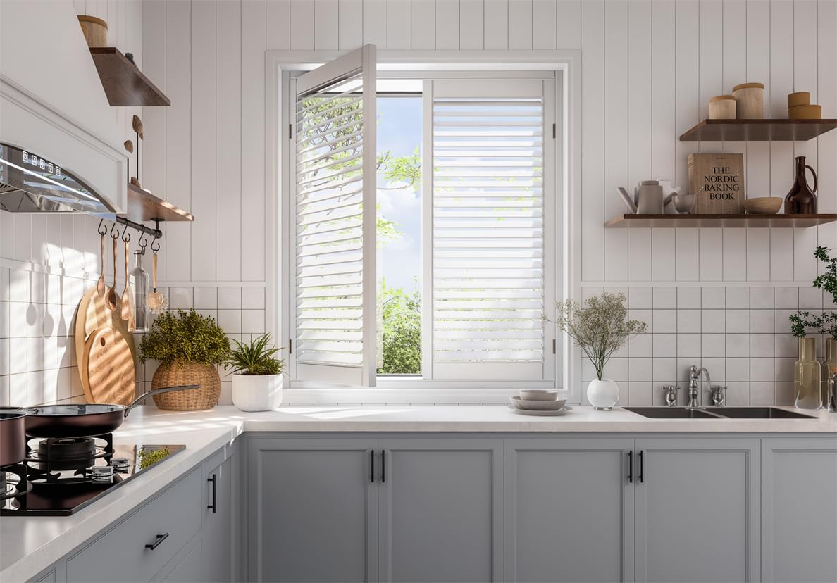 Plantation Shutters for Interior Windows, White, Faux Wood, Custom Made | Interior/Inside, Humidity-Resistant, Protect Privacy, Adjust light, for Bath