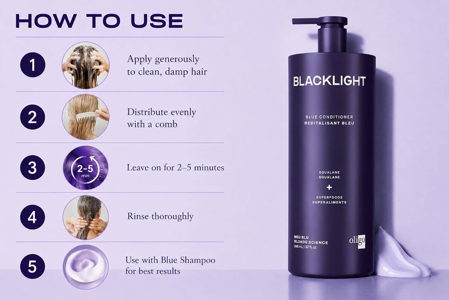 Oligo Professionnel - Blacklight Blue Conditioner for blondes - Vegan - Eliminate Brassy tones - Refresh faded highlights - Argan oil - Hydrating Formula - 8.5oz