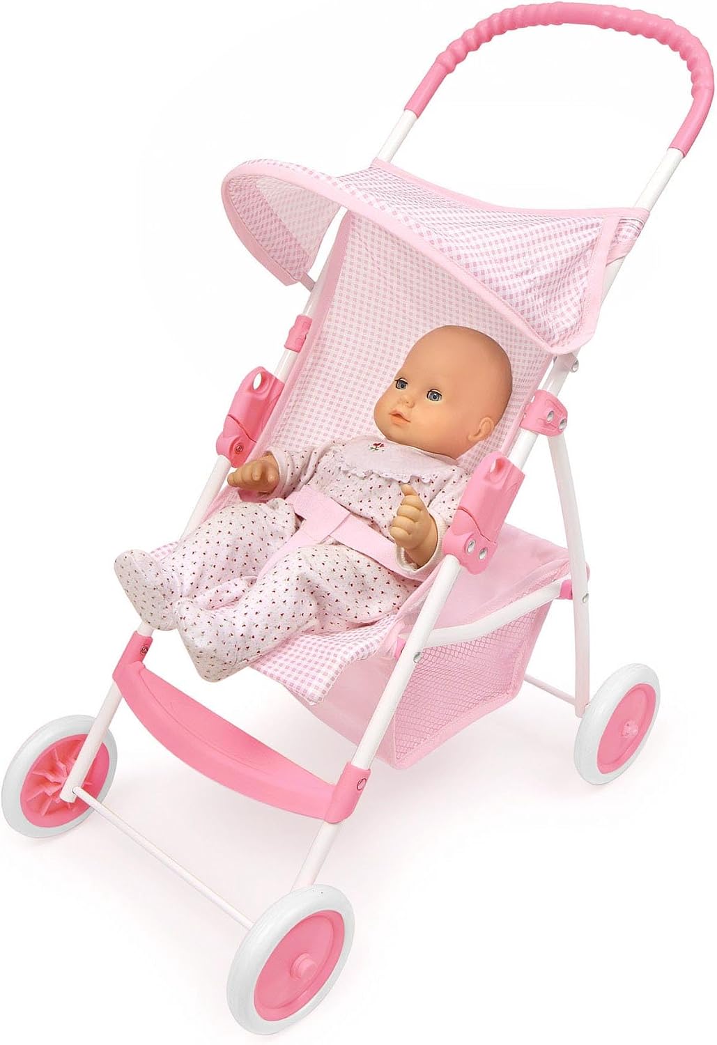 Badger Basket Folding Doll Umbrella Stroller with Basket - Pink/White | Fits up to 18" dolls