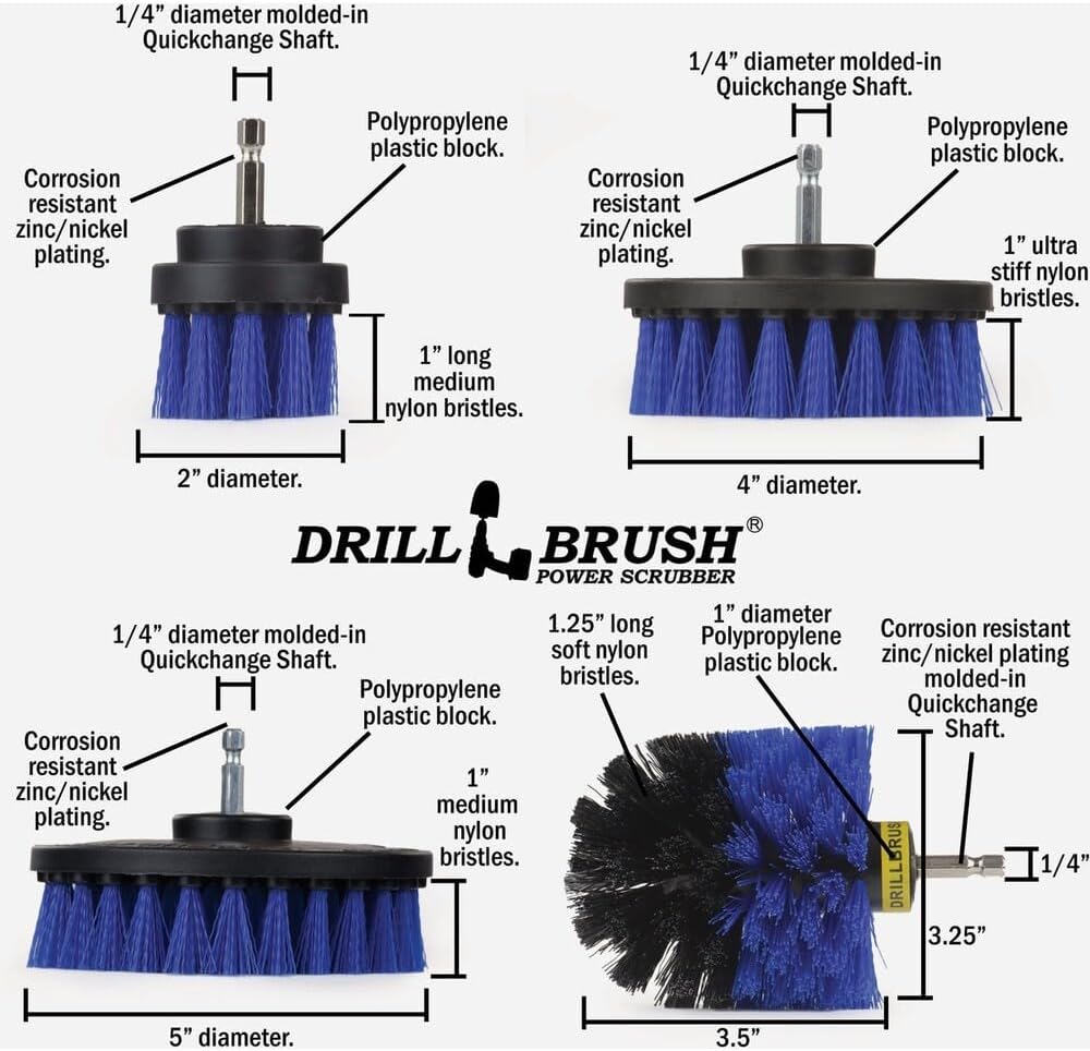 Drillbrush Electric Nylon Drill Brush Attachment Set for Bathroom Cleaning | Power Scrubber Brush Kit for Bathtub, Shower & Tile - Grout Cleaner Kit - All-Purpose Household Cleaning Brushes for Drill