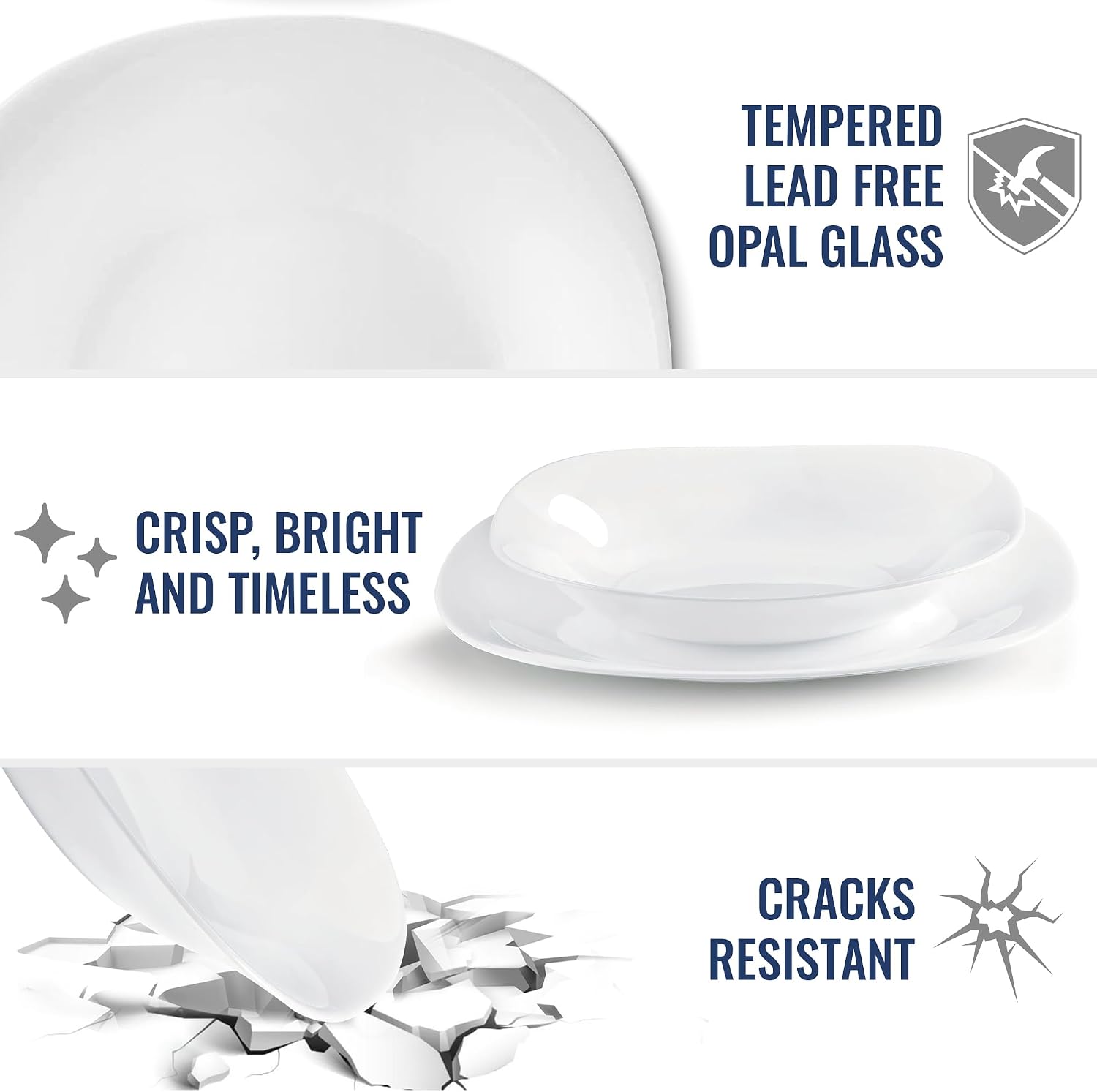 Bormioli Rocco Parma Set Of 6 Pasta Bowls And Soup Plates, 8.75 Inch Tempered Opal Glass, Clean White, Linear & Curved Design, Dishwasher Safe