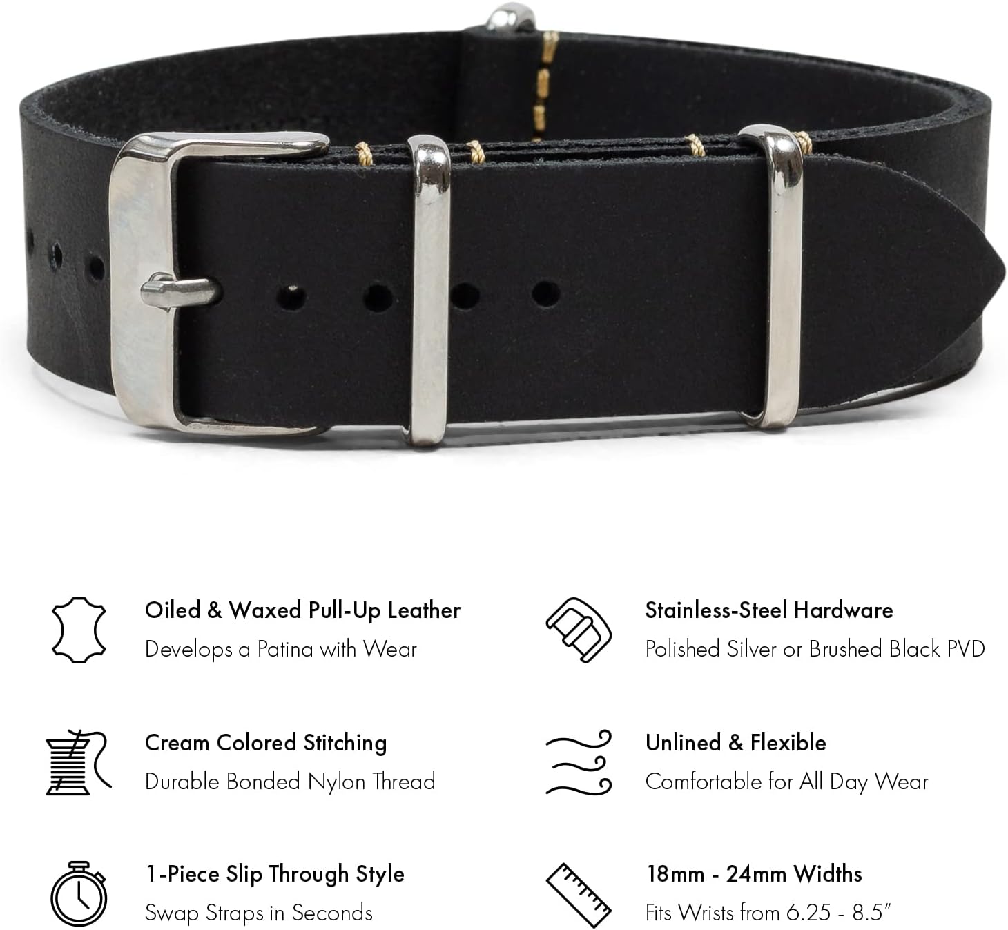 Benchmark Leather Watch Band - Crazy Horse Oiled Leather One-Piece Watch Straps for Men or Women - 18mm, 20mm, 22mm or 24mm Widths