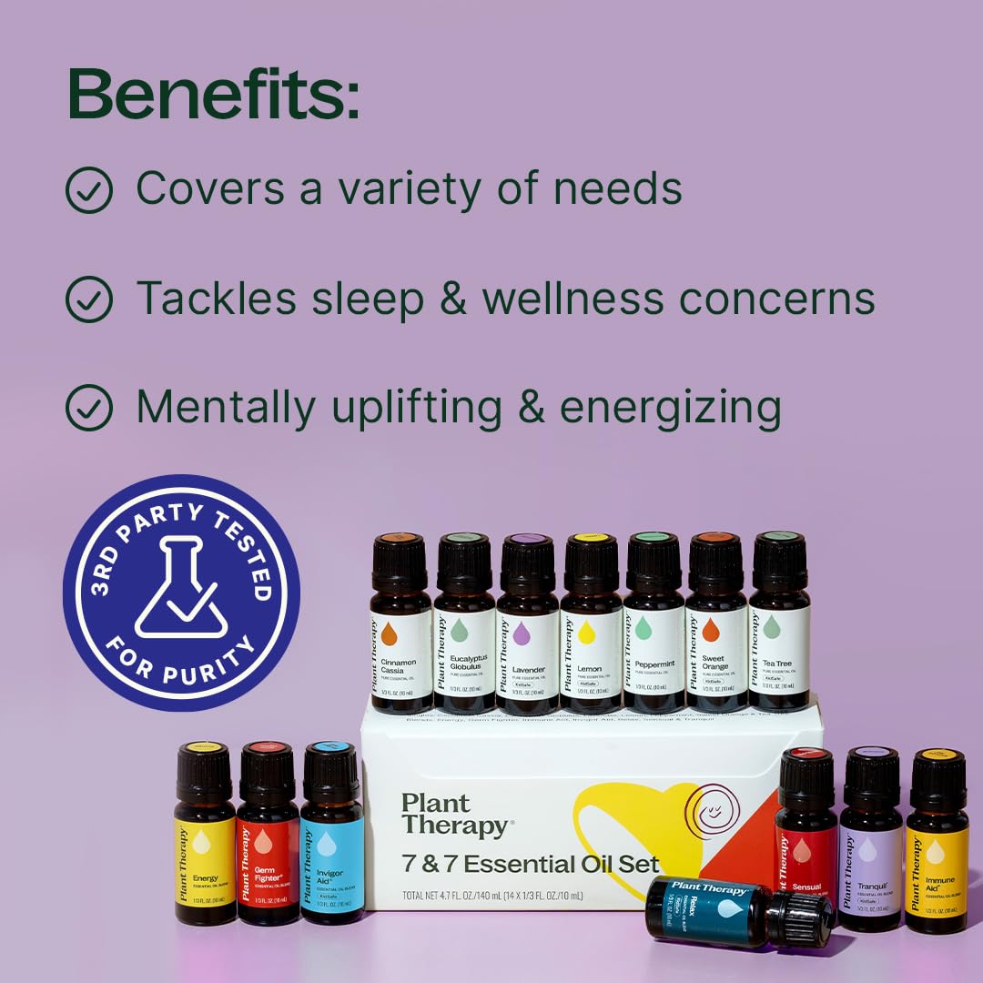 Plant Therapy 7 & 7 Essential Oils Set, Each 10 mL (1/3 oz) | 7 Most Popular Single Essential Oils Plus 7 Favorite Blends, Pure & Undiluted
