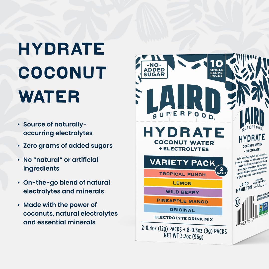 Laird Superfood HYDRATE Coconut Water Powder Drink Supplement with Coconut Water and Auqamin, All Natural, No Added Sugars, Gluten-Free, Non-GMO, Vegan, 8 oz. Bag, Pack of 1