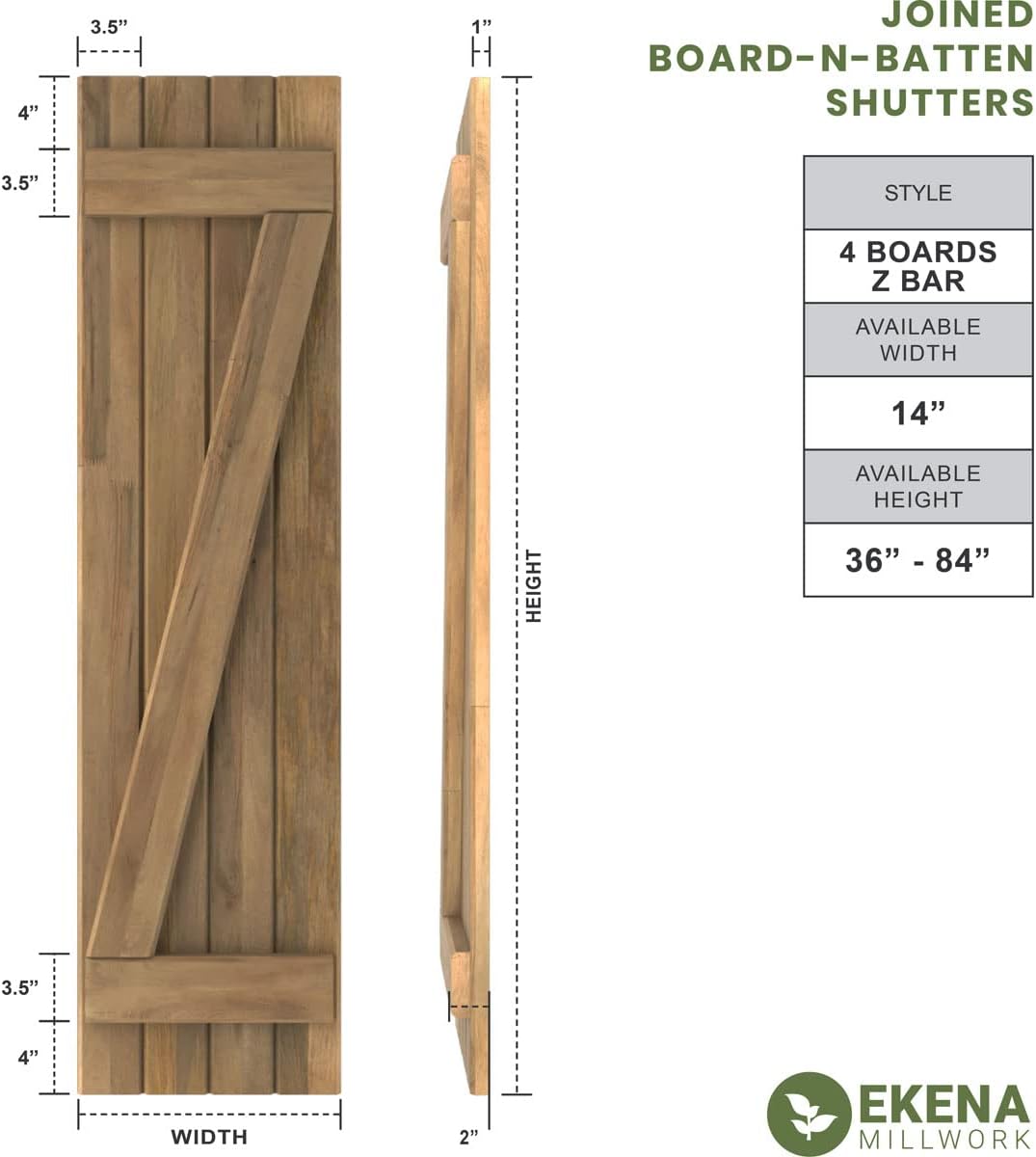 14"W x 62"H Americraft Four Board (2 Batten) Exterior Real Wood Joined Board-n-Batten Shutters w/Z-Bar (Per Pair), Unfinished